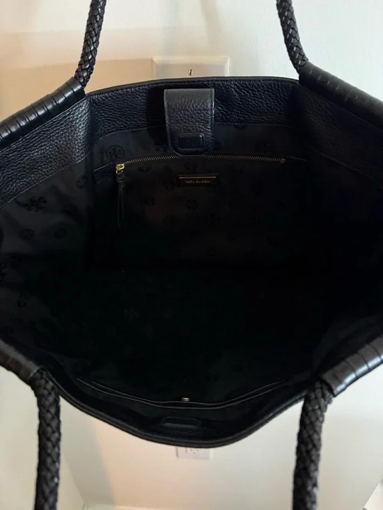 Tory Burch Black Pebbled Leather Braided-Handle Tote - Picture 3 of 4